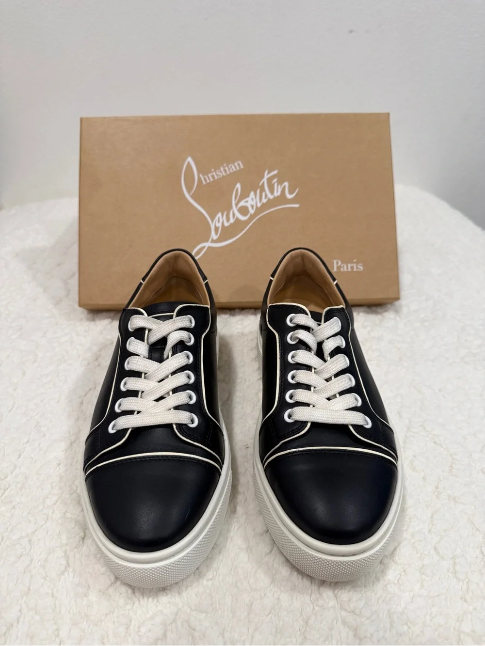 Women’s Christian Louboutin Black and White Low-Top Sneakers with Red Sole